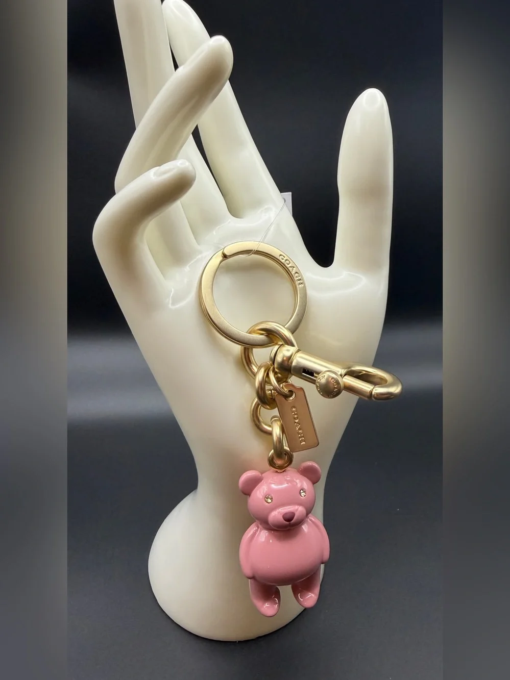 Coach Pink Bear Charm Key Ring with Gold Hardware